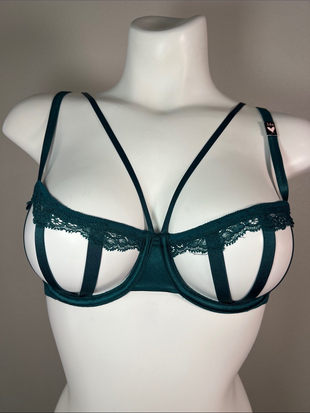 Victoria's Secret Very Sexy Dark Teal Lace Strappy Underwire Balconet Bra 34B